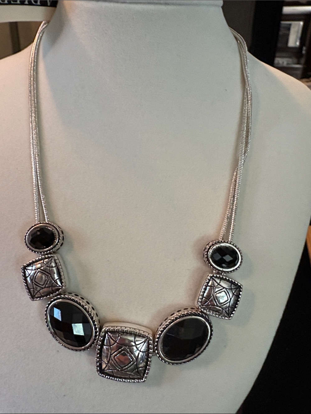 Napier Silver-Tone Necklace with Black Faceted Stones